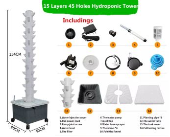 Hydroponic Tower 15 Layers 45 Plant Sites NFT Vertical Gardening Hydroponics System Grow Kit