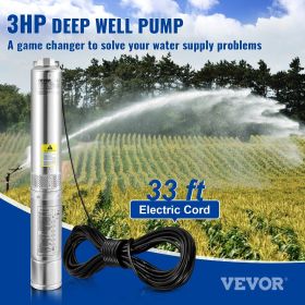 VEVOR Deep Well Submersible Pump, 3HP/2200W 230V/60Hz, 37GPM Flow 640 ft Head, with 33 ft Electric Cord